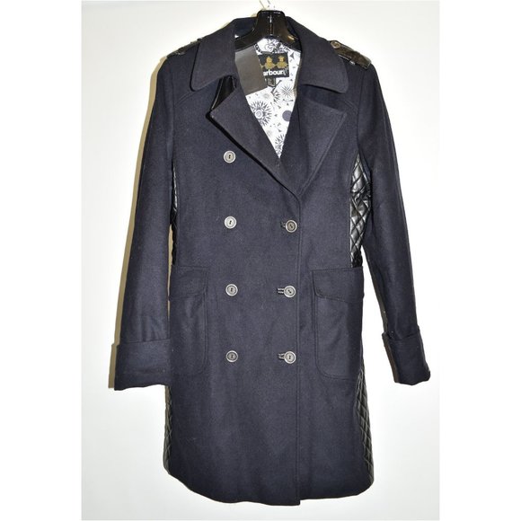 $750 BARBOUR Lieutenant Wool Cashmere Blend Coat MIX MEDIA FAUX LEATHER NAVY - Picture 4 of 8